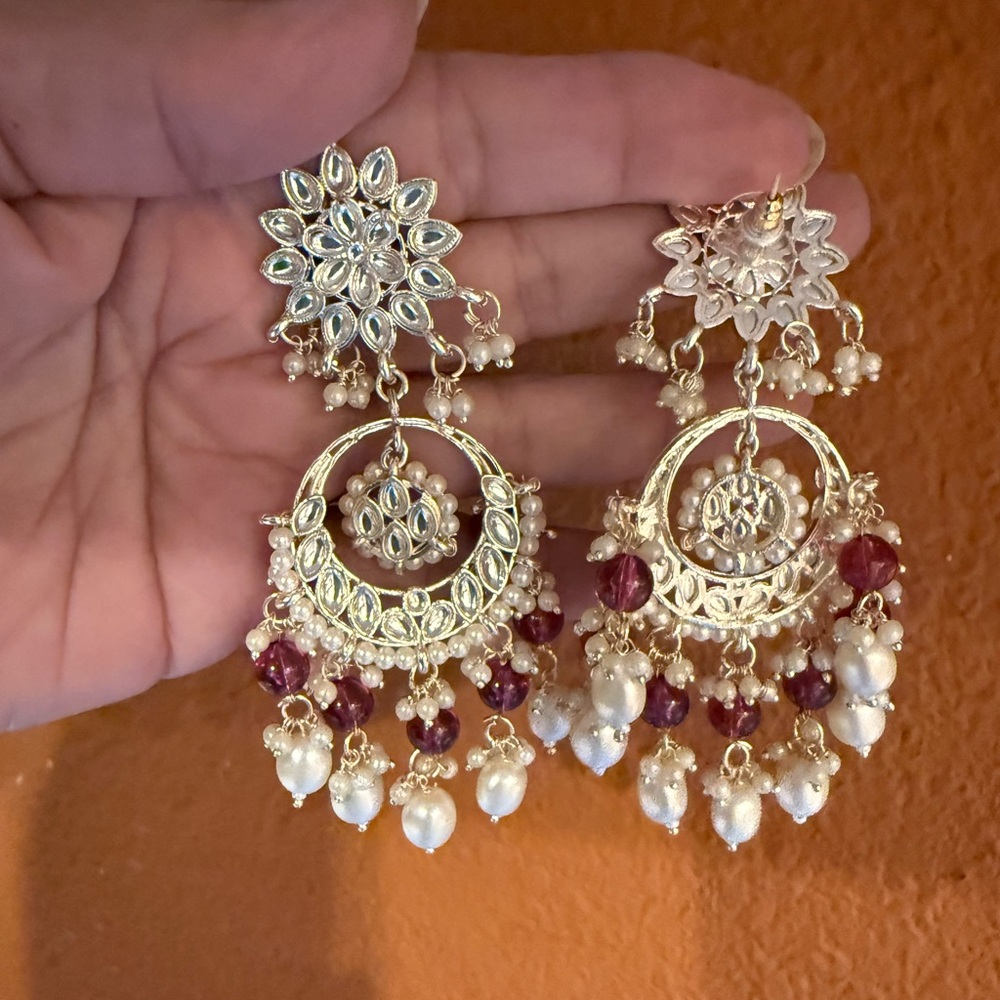 Ornate Silver and Red Pearl Chandelier Earrings